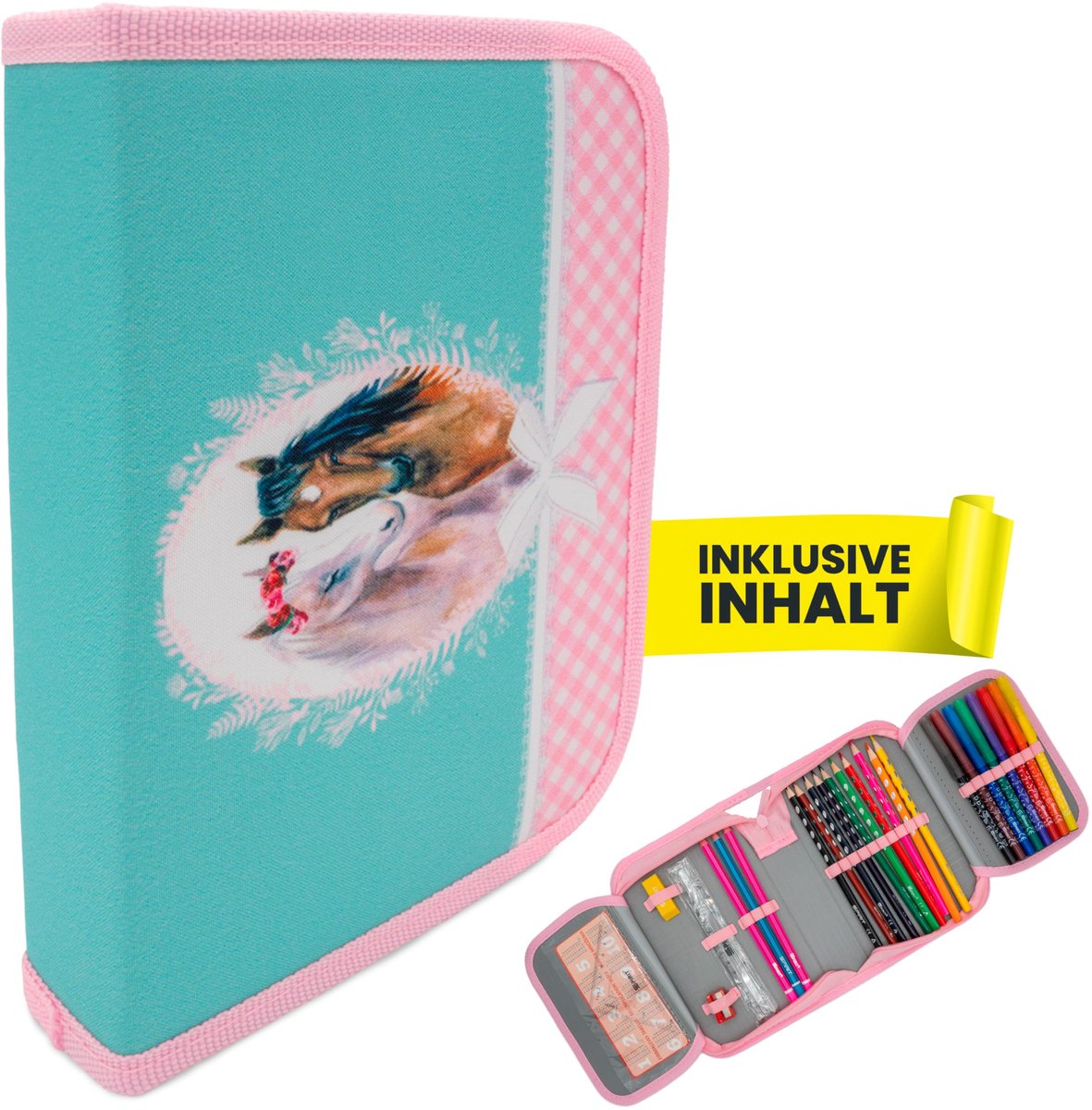 itenga student etui 28-delig gevuld etui met 1 rits voor jongens en meisjes (paard)