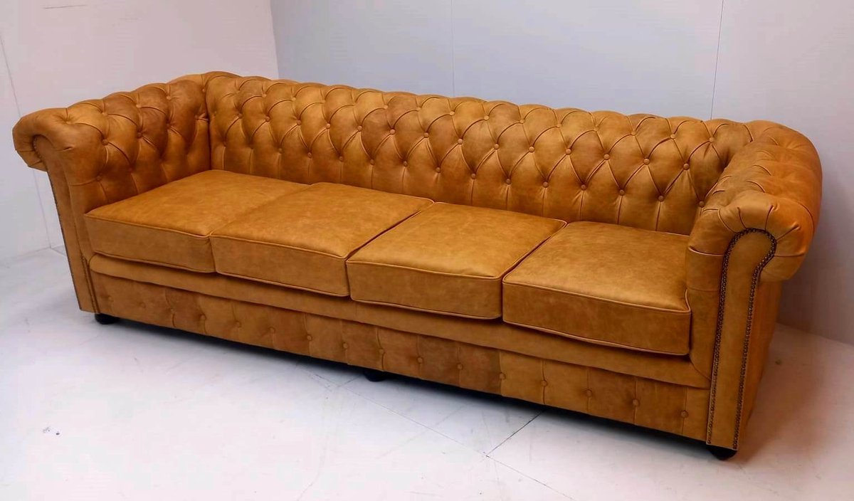Chesterfield - 4 zits bank "SPRINGFIELD" 250 cm met 4 kussens - Vintage Rundleder lichtbruin