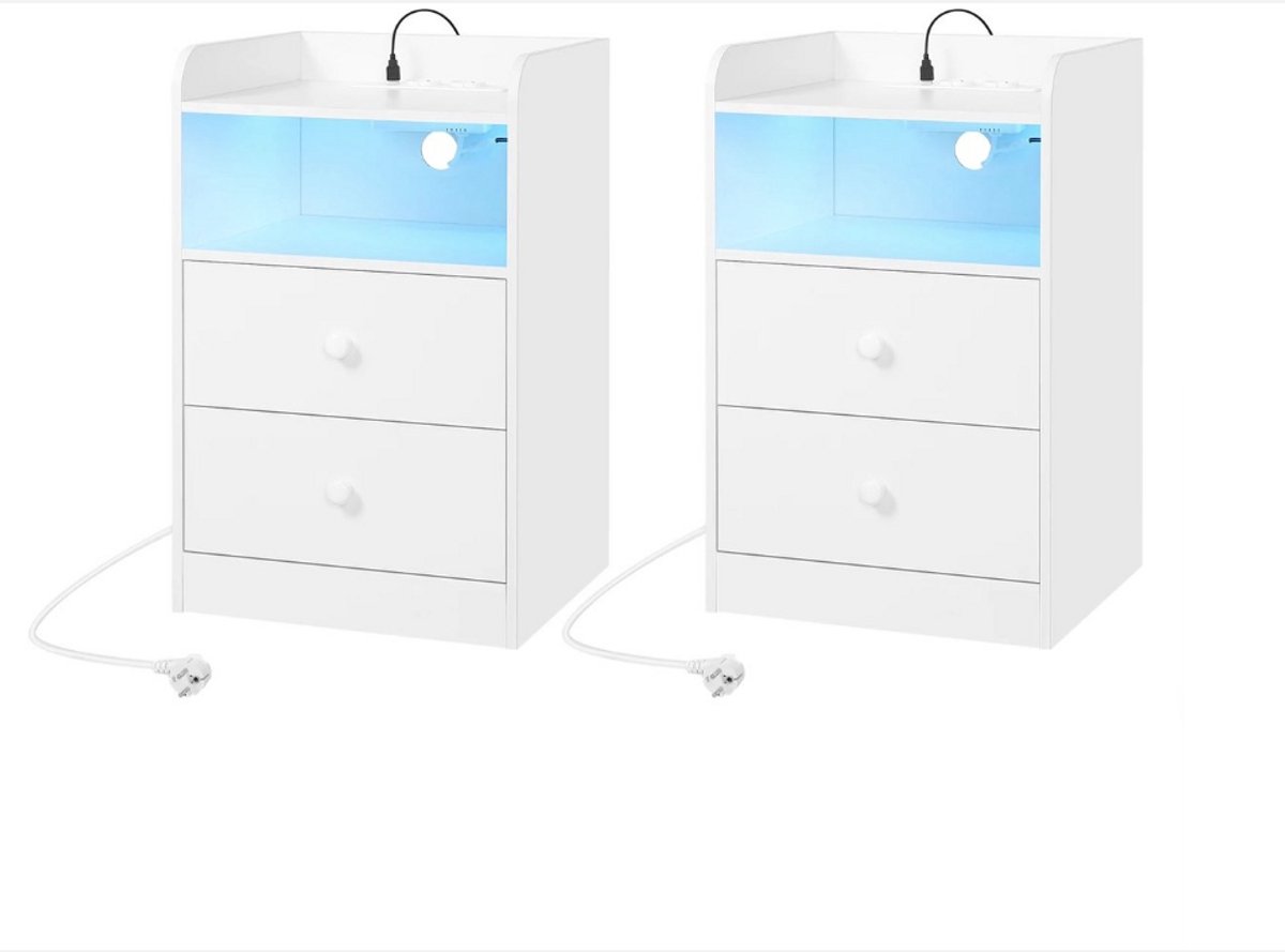 WNHB® Nachtkastjes Met LED Licht En Oplaadstation - Set Van 2 - Nachtkastjes Met 2 Lades Open Vak 2 USB Poorten En Stopcontacten - Wit