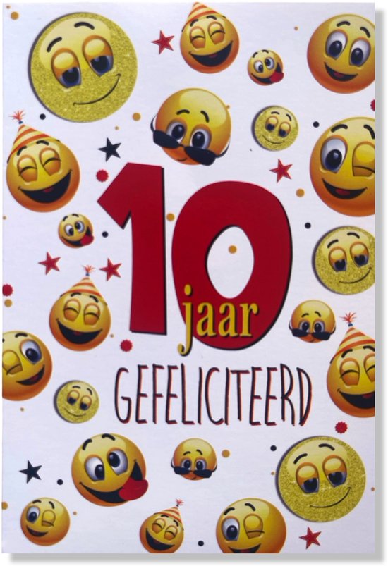 Carte d'anniversaire avec "10 ans félicitations" et de nombreux emojis souriants avec des chapeaux de fête, des étoiles et des moustaches.