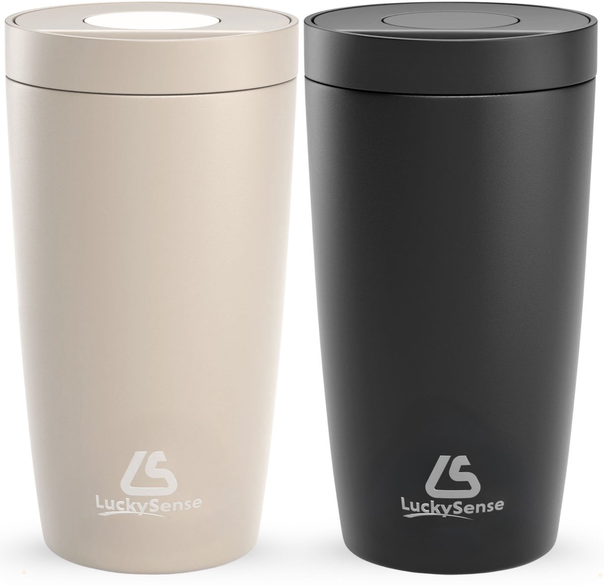 LuckySense® Koffiebeker to go - Set van 2 - Thermosbeker - Travel Mug - 380ml - RVS - Lekvrij - Zwart & Taupe