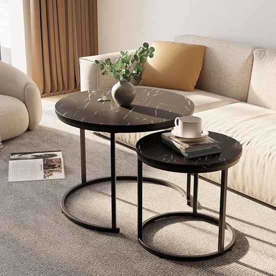 Moderne salontafel rond - Marmer salontafel set - Grijs - 80x45cm & 60x40cm Moderne salontafel rond - Marmer salontafel set - Grijs - 80x45cm & 60x40cm