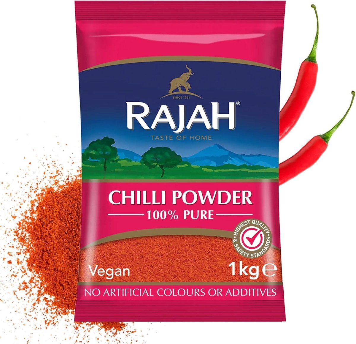 Rajah Chilipoeder 1 kg - Chilipoeder voor pittige gerechten, premium kwaliteit, glutenvrij, Indiase kruiden | Perfect voor curry's en marinades met Kajal Sticker