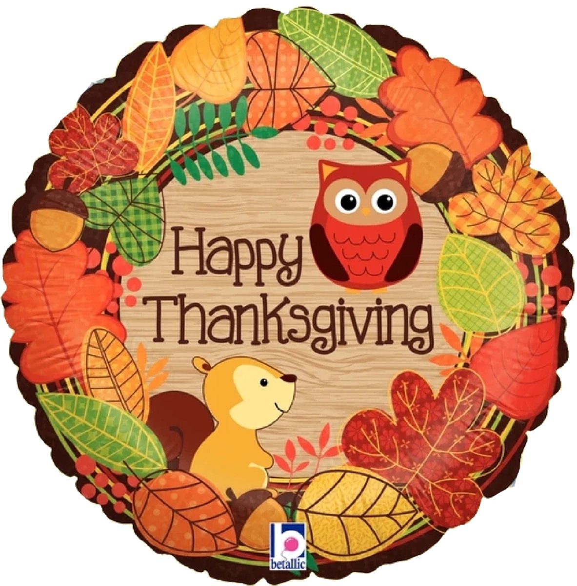 Thanksgiving folieballon 45 cm (flat) “Happy Thanksgiving” – herfstdesign met uil en eekhoorn – Betallic – helium of lucht – zonder plastic verpakking