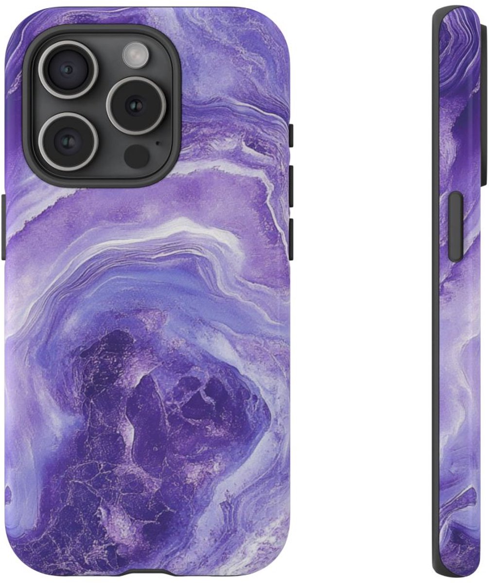 Paarse Marmerstructuur – Glanzend Stevig Hoesje Geschikt voor iPhone 15 Pro