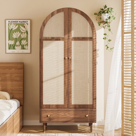 Pugsdrly Elegante kast met stoffen deuren en lade, kledingkast – notenhoutlook, stabiele houten poten, praktische opbergruimte voor kleding en accessoires – ideaal voor de slaapkamer, logeerkamer of dressing