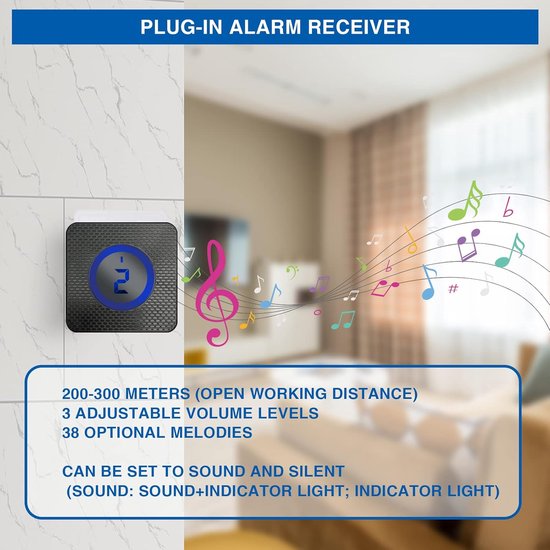Zwarte plug-in alarmontvanger met blauw verlicht display en muzieknoot-icoon.