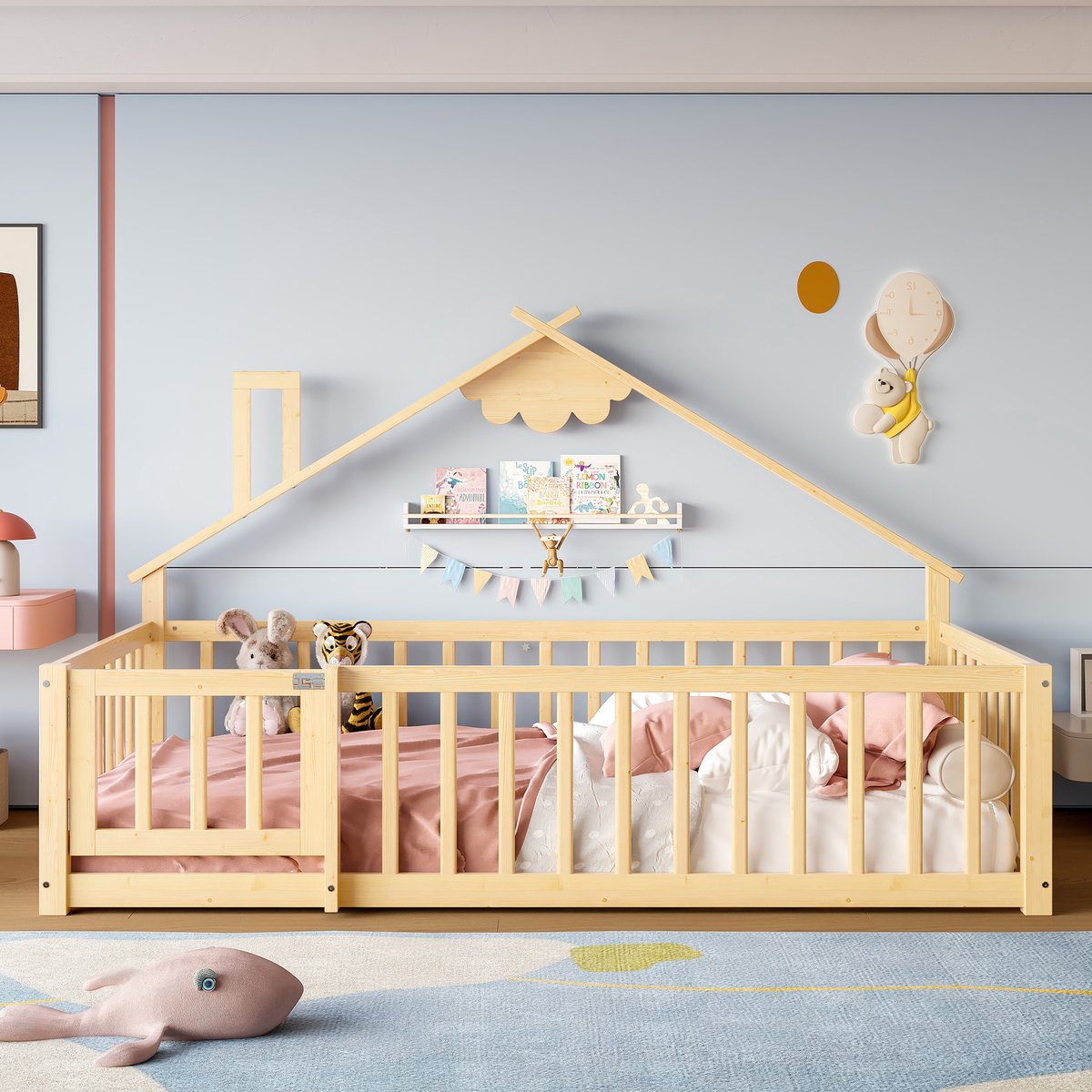 Plat bed - Eenpersoonsbed - 90x190 cm - wieg - plint - leuning met slot - grenen - naturel - zonder matras