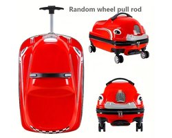 Kinderkoffer Auto Rood – Trolley Koffer met Wieltjes en Trekstang – Speelse Reiskoffer voor Jongens en Meisjes – Handbagage Formaat - Zomervakantie - Vliegtuig