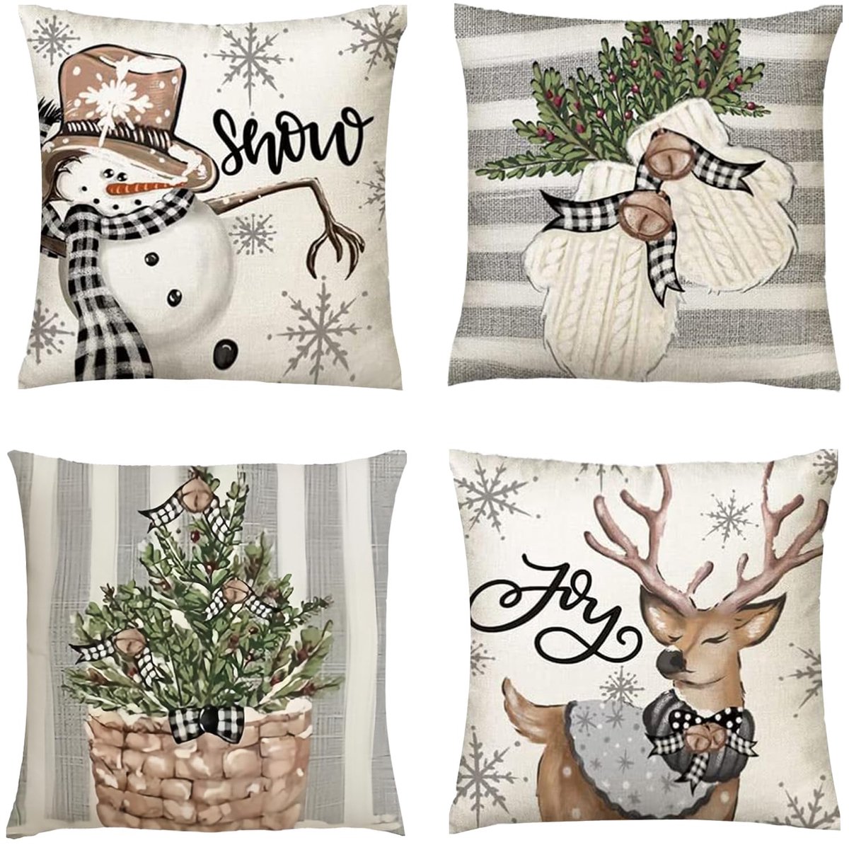 Ibenzoa Kerstdecoratie Kussenslopen Set van 4 met Klassieke Winterpatronen 45 x 45 cm beige