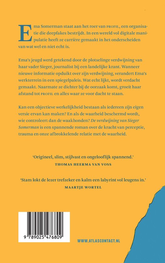 Achterkant boek met tekst over de verdwijning van Sieger Somerman, auteurs Thomas Heerma van Voss en Maartje Wortel. ISBN en website.