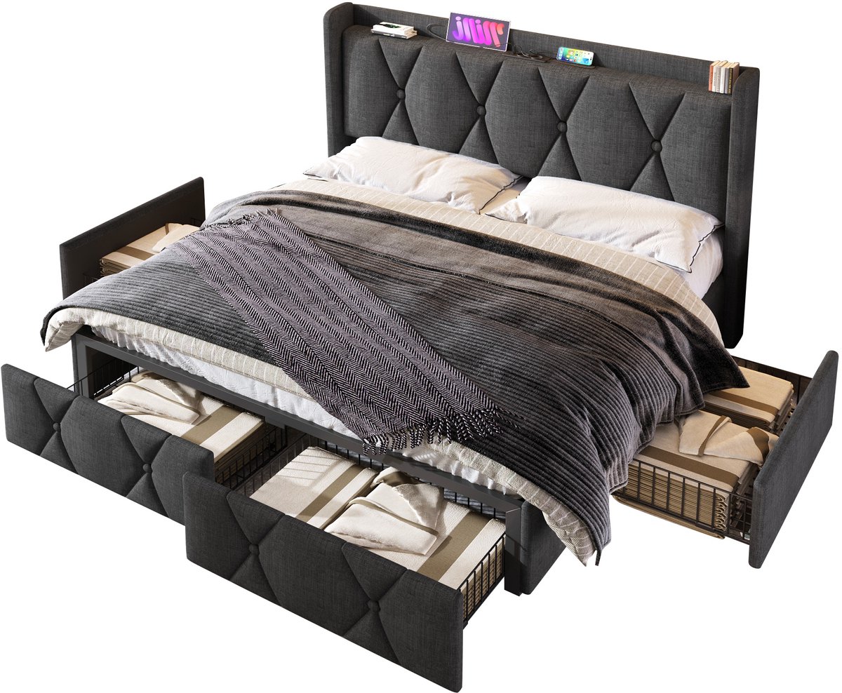 Gestoffeerd bed met opladen via USB - tweepersoonsbed met lades - 160x200 cm - opbergbed - bedframe - grijs - zonder matras