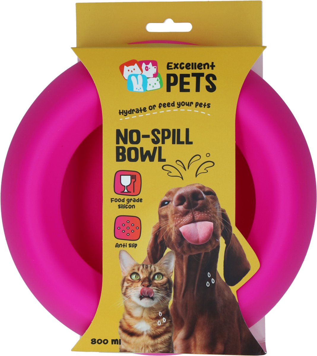 Excellent Pets Anti-knoei Voer- en Drinkbak Hond en Kat - 800 ml - Voerbak met Antislip - M - Morsbestendige Rand - Siliconen Drinkbak - Roze