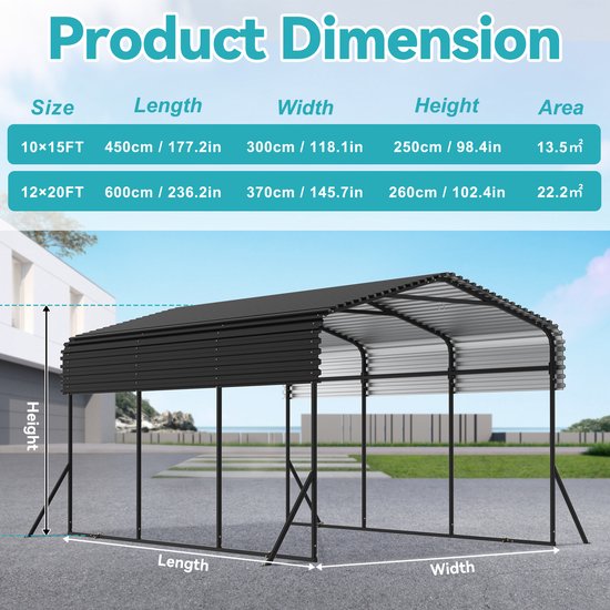 Extra grote metalen carport, tent, garage, robuuste autoberging, buitengarage, bootopslag, garage, tent, opbergtent, kampeertent - 10x15FT - 450×300×250cm van VOUNOT — afbeelding 4
