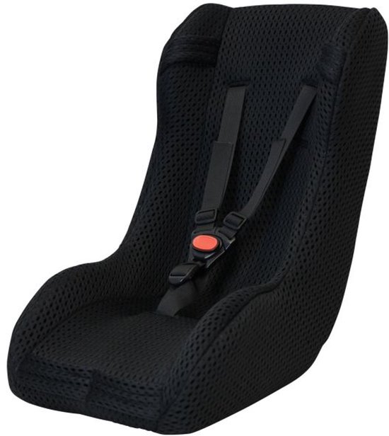 Zwarte babystoel met 5-puntsgordel en ademende mesh stof.