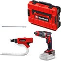Set met rode Einhell schroefmachine, magazijnopzetstuk met schroeven en een rode koffer.