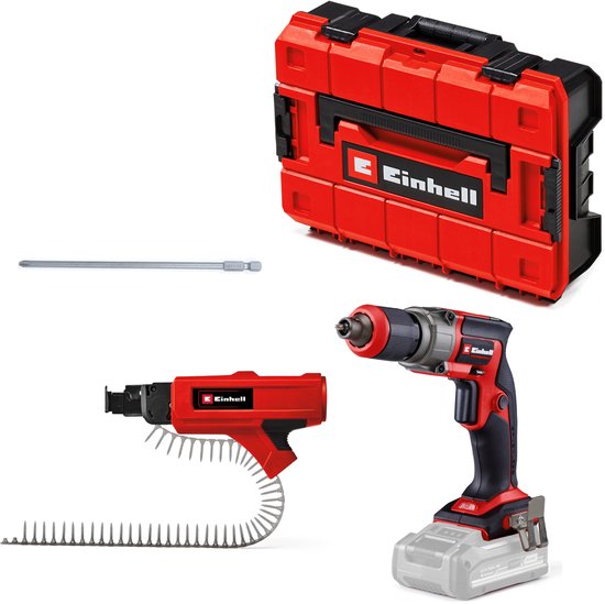 Set met rode Einhell schroefmachine, magazijnopzetstuk met schroeven en een rode koffer.