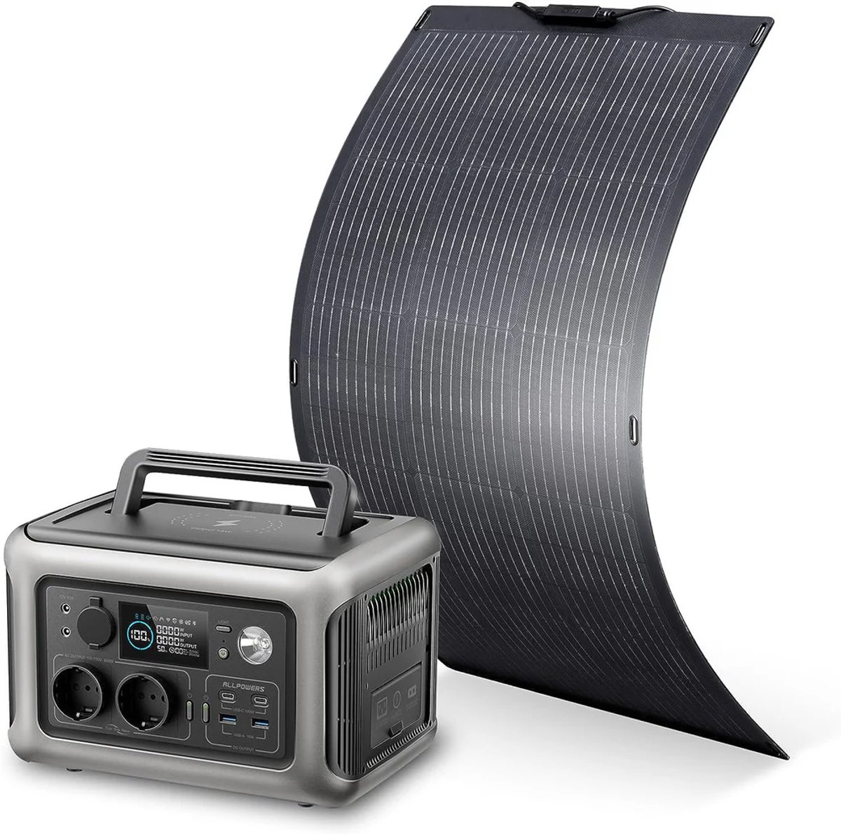 Allpowers® Solar Powerstation R600 + Flexibele Zonnepaneel 100W - Output 600W - Capaciteit 299Wh - 1200W Piek - Snelladen - Draagbare Power Station Generator - USB - AC 220V - DC - Noodpakket - Camping - Noodstroom - LFP Accu - Zonnegenerator