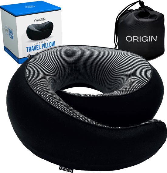 ORIGIN™ - Nekkussen - Luxe reiskussen voor in de auto , vliegtuig of trein - Memory Foam - Ergonomisch - Zwart/Grijs