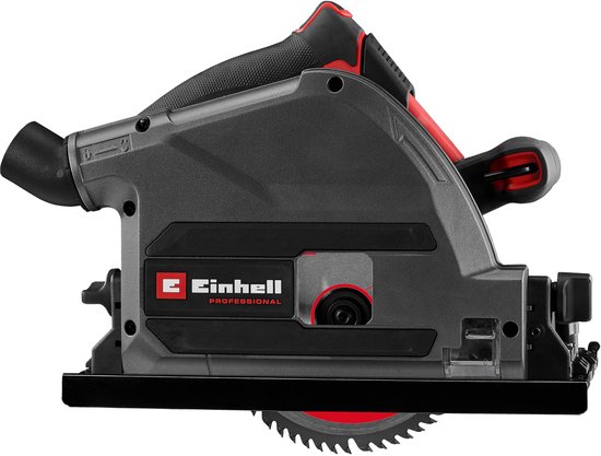 Zij-aanzicht van de Einhell professionele invalzaag, grijs met rode accenten en cirkelzaagblad.