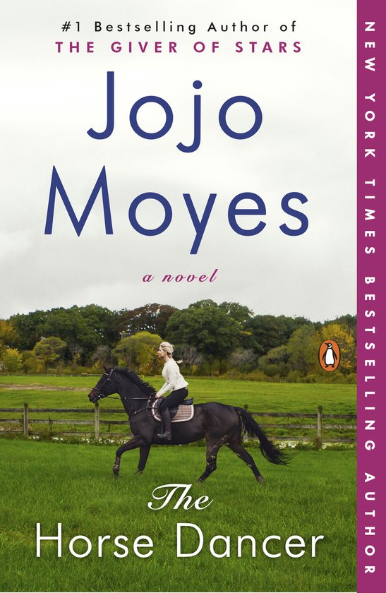 Boekhoes met een blonde vrouw te paard, met de tekst "The Horse Dancer" en "Jojo Moyes".