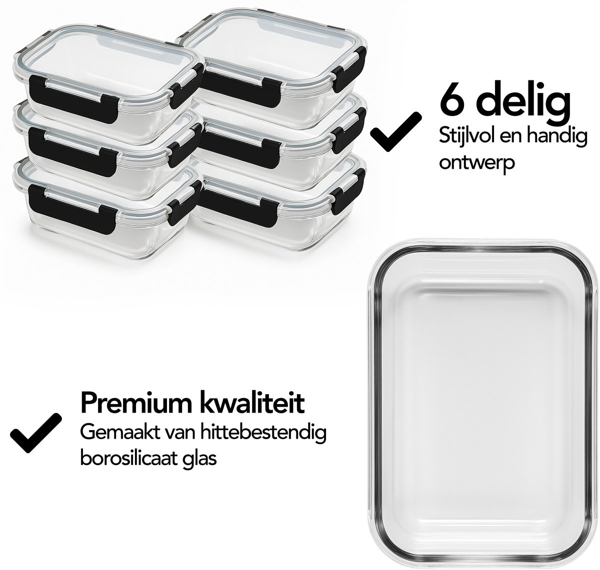 Aviro Vershoudbakjes Glas - 6 Stuks - Meal Prep Bakjes - Vriezer, Magnetron & Oven Bestendig - BPA Vrij - Luchtdicht - 1L — afbeelding 4