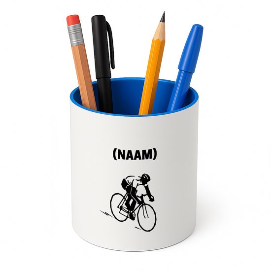 Pot à crayons blanc avec intérieur bleu, avec le texte '(NAAM)' et un cycliste dessus.