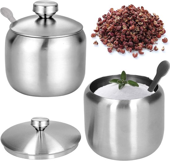 Sucrier en acier inoxydable, 2 pièces, petit sucrier avec couvercle et cuillère à sucre, pour la maison et la cuisine