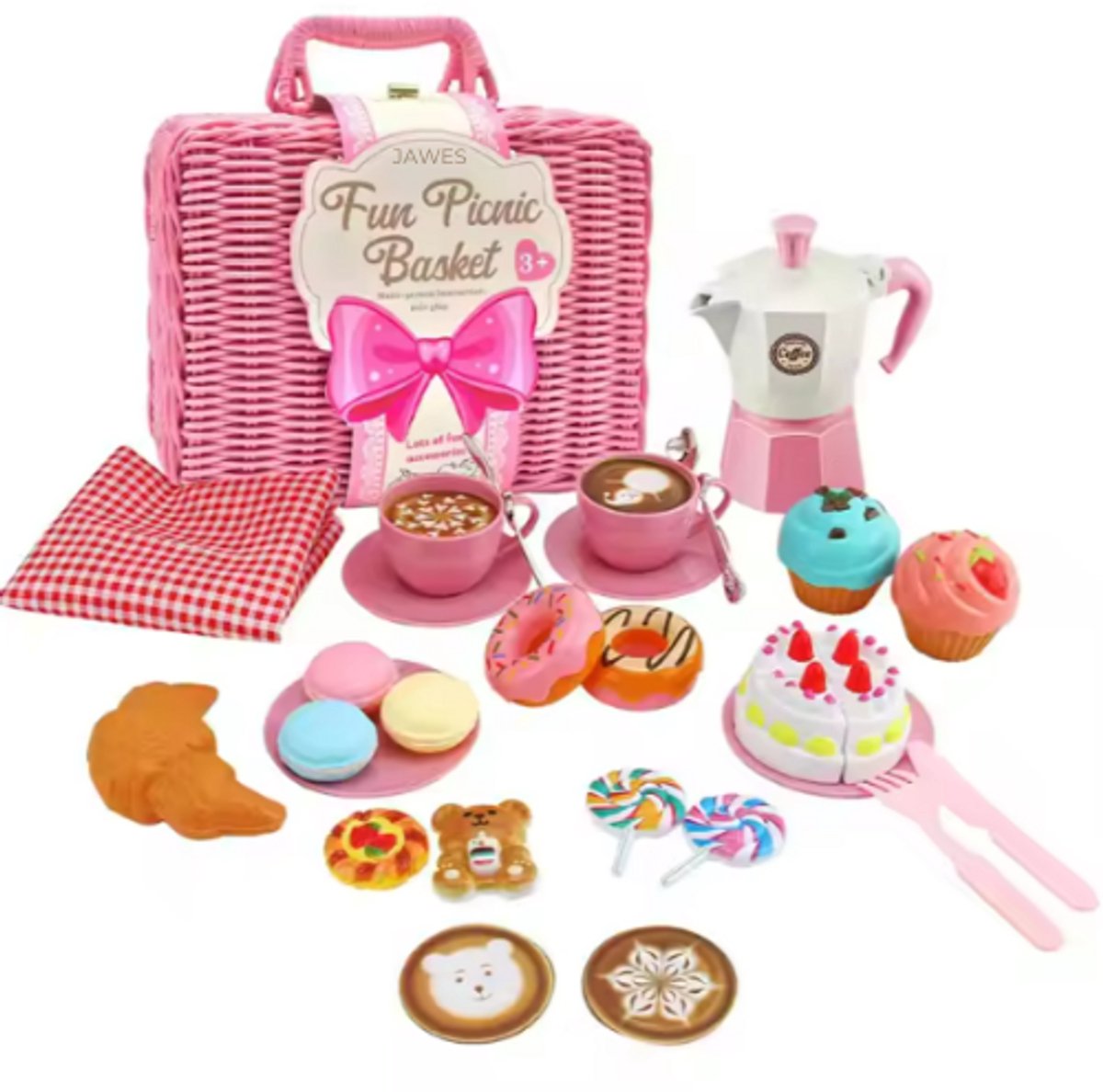 Jawes – Picknick Speelset Kinderen – Roze - Rollenspel – Servies – Koffiekannetje – Picknickmand – Educatief Speelgoed – Picknick Spel – Doen Alsof Spel – Speelset vanaf 3 jaar