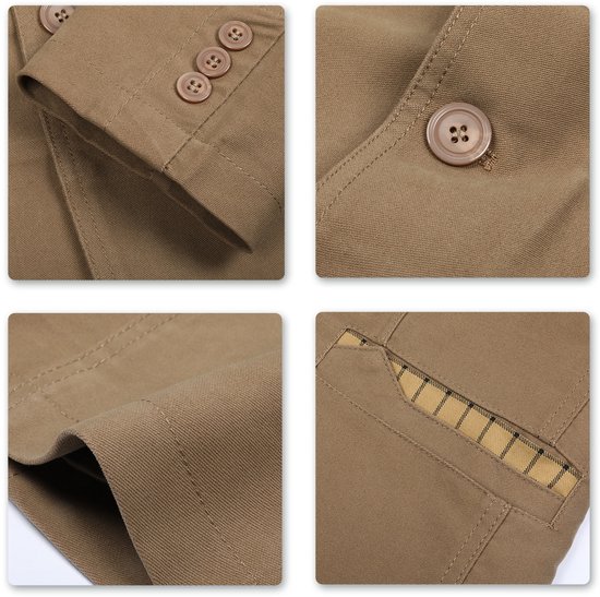 Collage van details: mouwen met knopen, knoopsluiting, stiksels en een ruitpatroon in de zakflap.