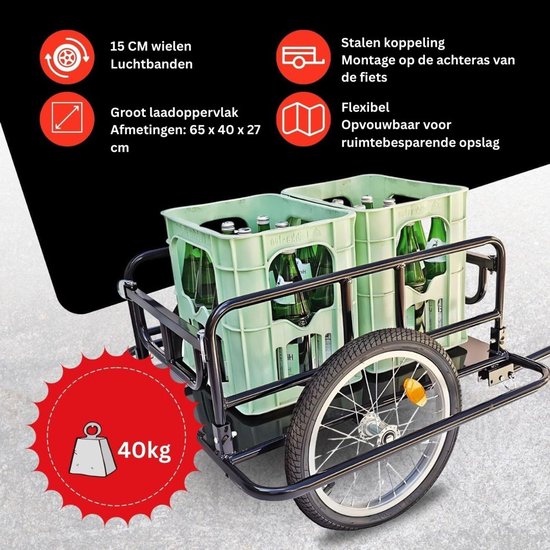 HOMCOM bakwagen voor fietstransport, opvouwbare aanhanger, handkar met staalconstructie, 139 x 71,5 x 49 cm, zwart