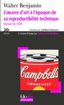 Boek kaft met titel 'L'œuvre d'art à l'époque de sa reproductibilité technique' en een Campbell's soepblik illustratie.