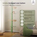 Groene multifunctionele kattenkrabpaal met 3 plateaus en 2 mandjes. Solide constructie.