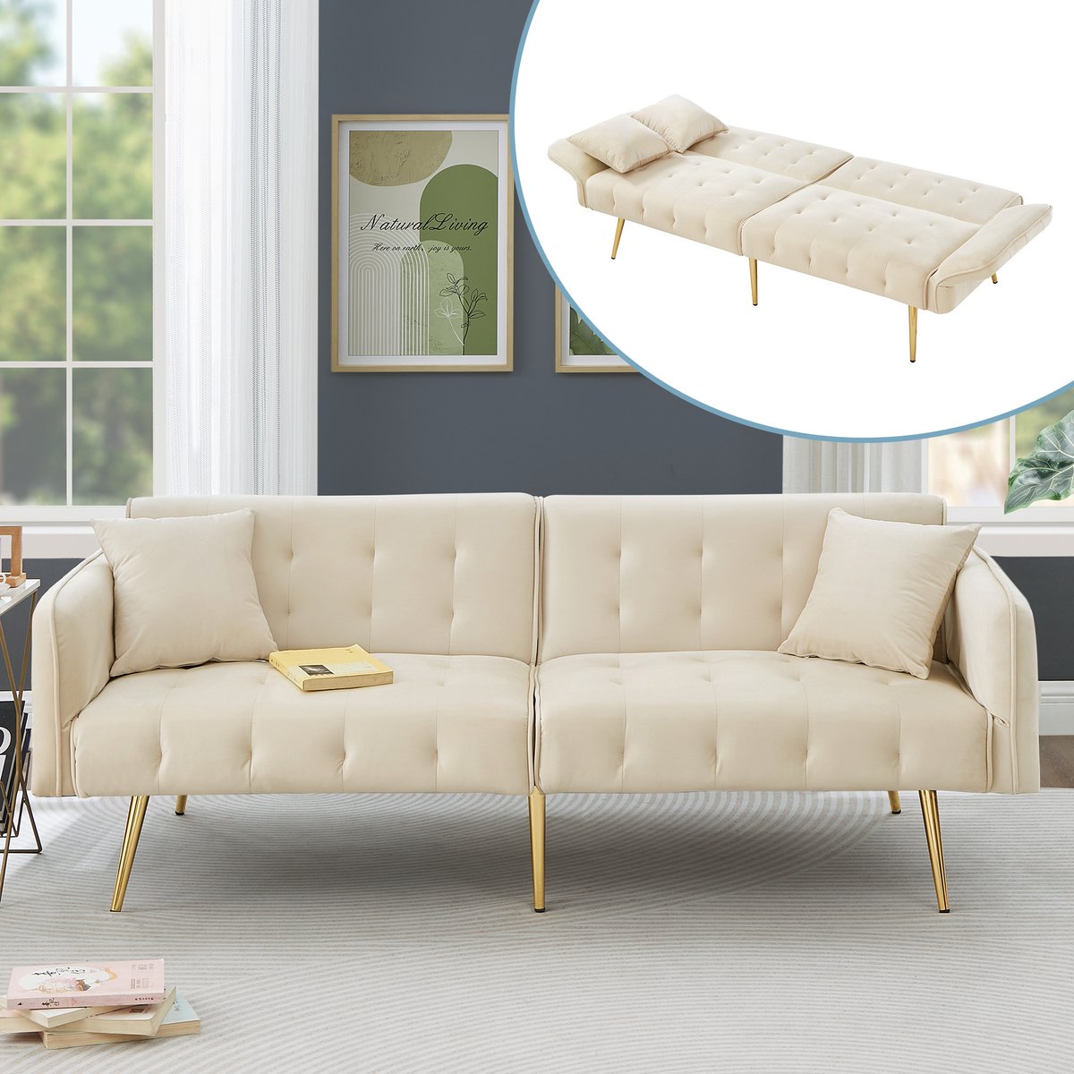 Gutent Tweepersoonsbank - met slaapfunctie - verstelbare rugleuning - Fluweelstof - Beige