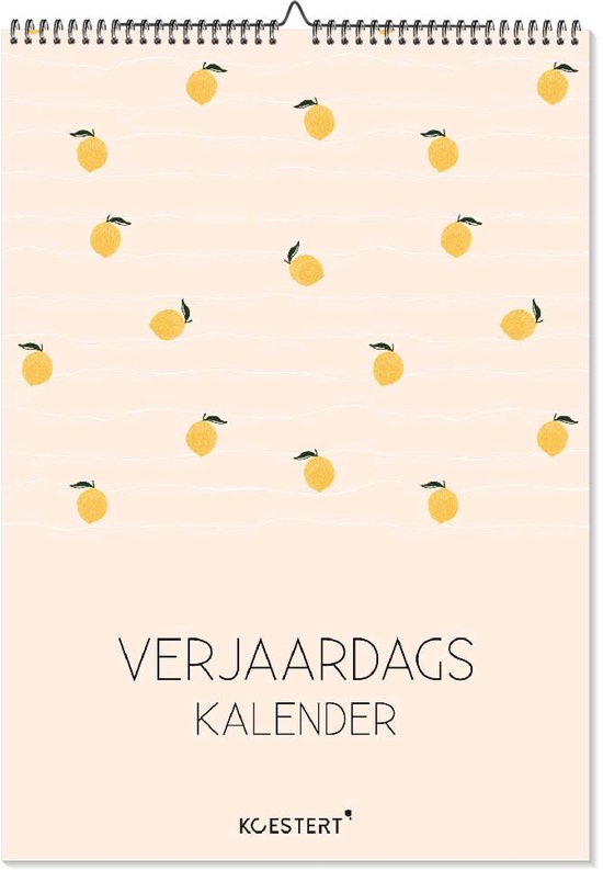 Verjaardagskalender met een achtergrond van zachte, pastelkleurige golven en herhalende patronen van gele citroenen. In het midden staat 'VERJAARDAGS KALENDER'.
