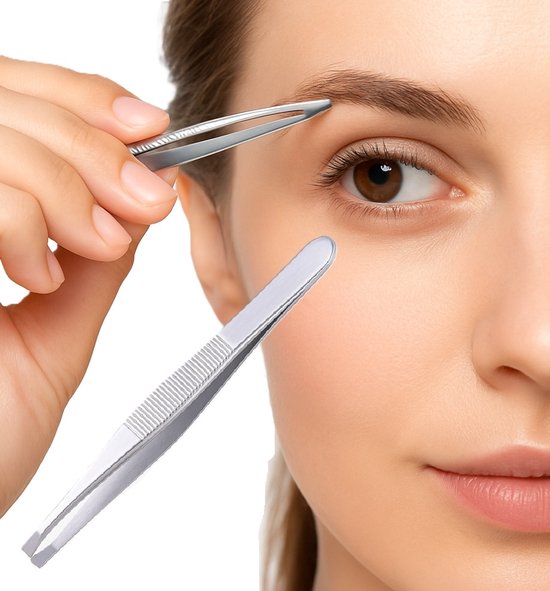 Wenkbrauw Epileer Pincet I Wenkbrauw Ontharen I Gezichtshaar Verwijderen I Splinters Verwijderen I Platte/Rechte Tip I 8,5 CM I RVS IZilver