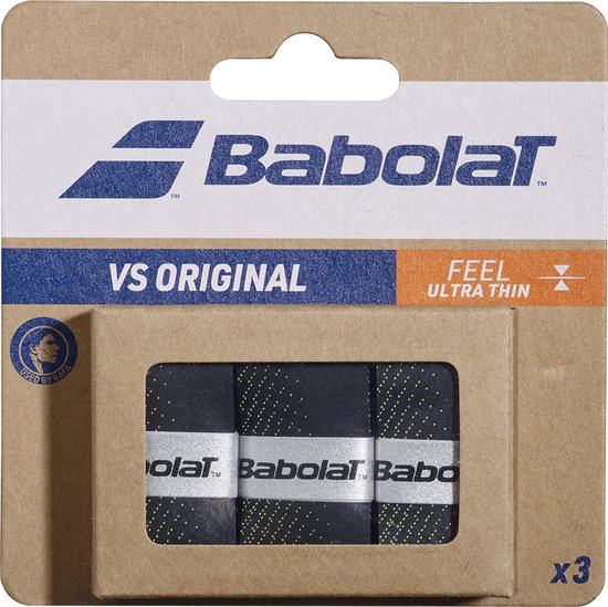 Babolat VS Original overgrips, 3 stuks in zwart met gele stippenpatroon.