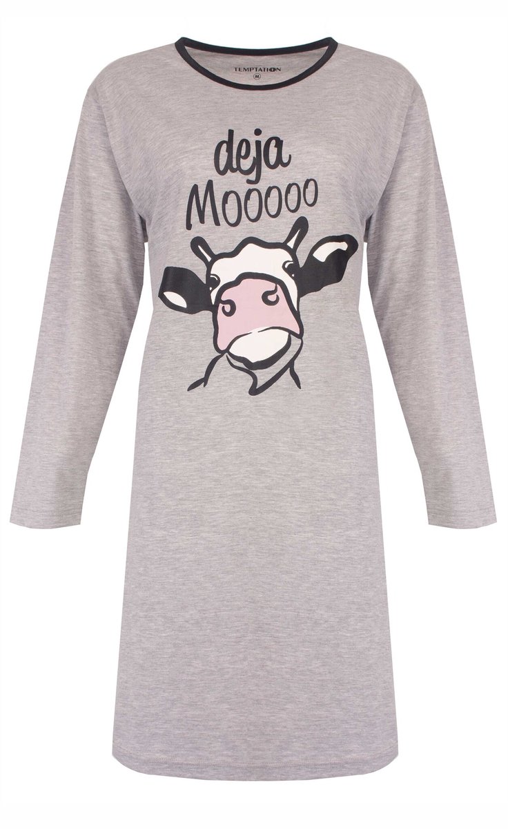 Temptation Dames Nachthemd - Bigshirt - Lange Mouw - Grijs Melange
