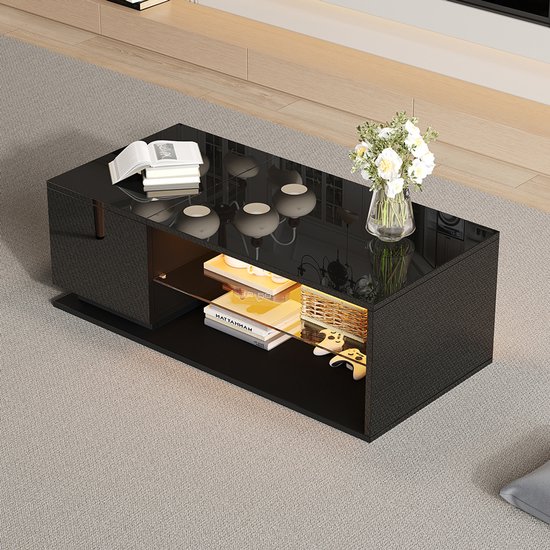 Opklapbare Salontafel - 95 X 48 X 42 Cm - Met Verborgen Opbergruimte LED's 1 Lade Spaanplaat Wit