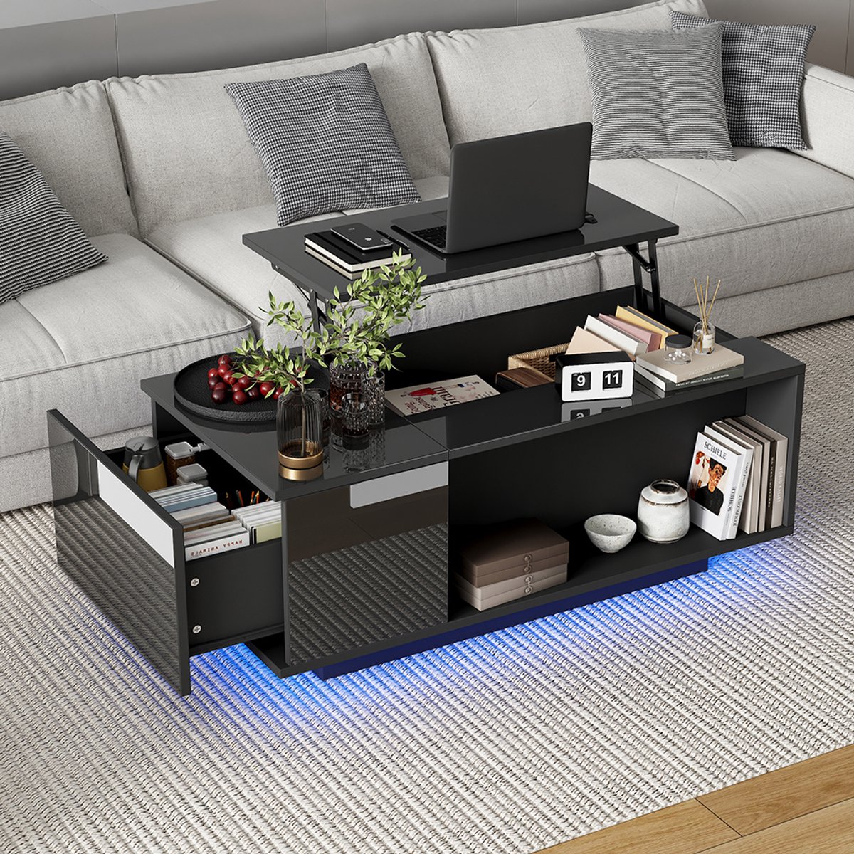 Komhtom 100*50*40 cm Salontafel in hoogte verstelbare salontafel met verborgen opbergruimtebijzettafel met ledverlichtingsalontafel met ladetafelsalontafelzwart
