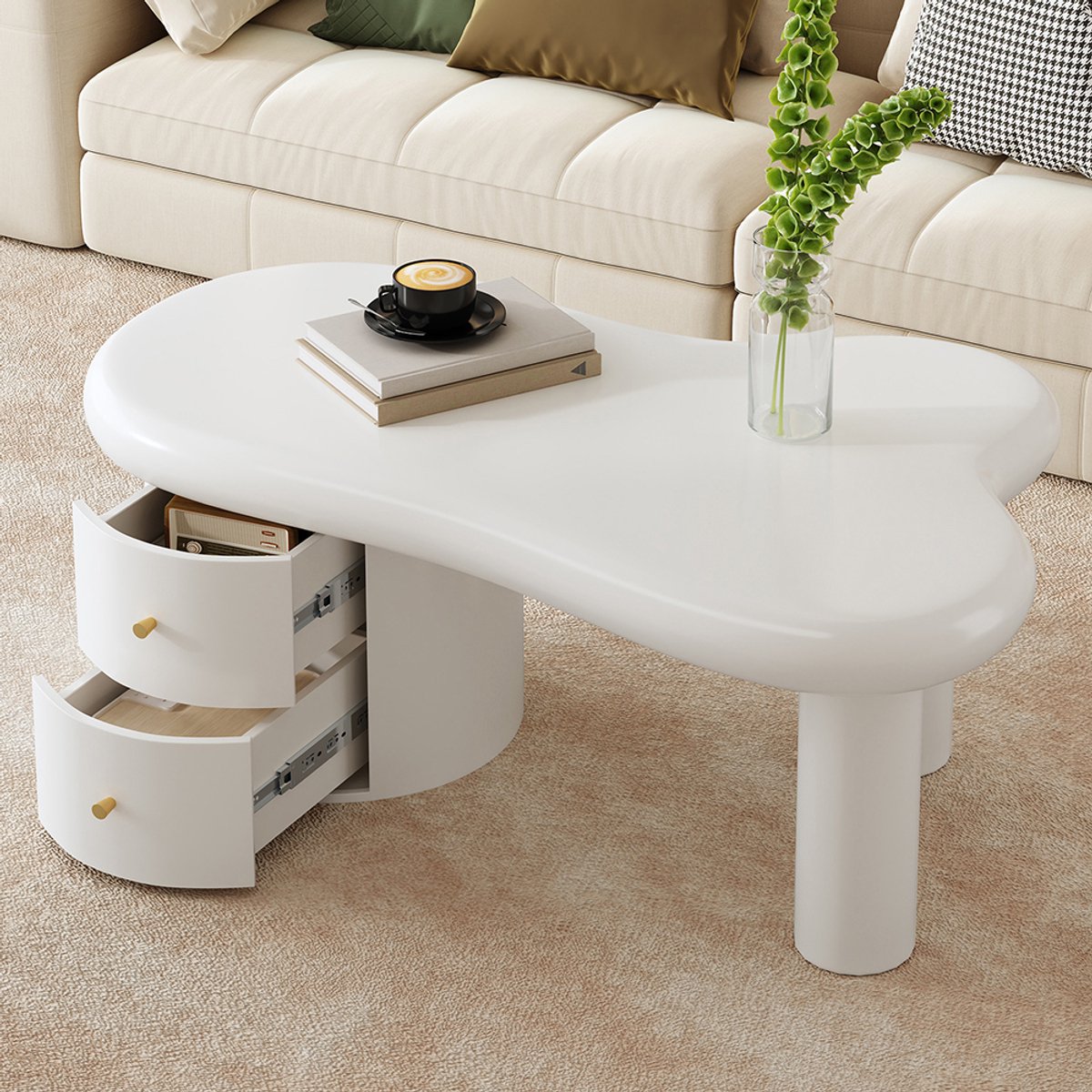 Komhtom Moderne witte salontafel met onregelmatige vorm - 2 ladesruimtebesparendelegantstabiel - ideaal voor de woonkamer en voor diverse doeleinden.
