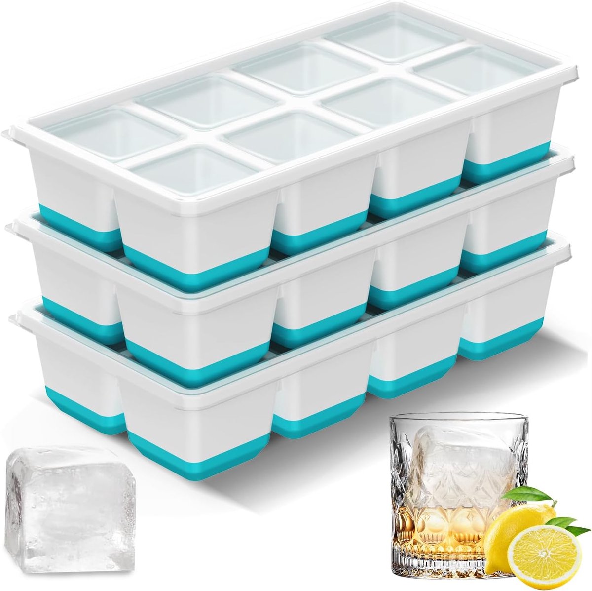 IJsblokjesvorm 3-pack, grote vierkante ijsblokjesvormen voor de vriezer, BPA-vrij, vaatwasserbestendig, gemakkelijk los te maken ijsblokjesvormen voor cocktails en whisky (blauw)
