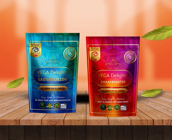 Vega Delights combiset Basis Bouillon 250g- smaakbooster 200g-Vegan-Halal-Top 8 Allergenenvrij-Himalayazout-Hoog in eiwit