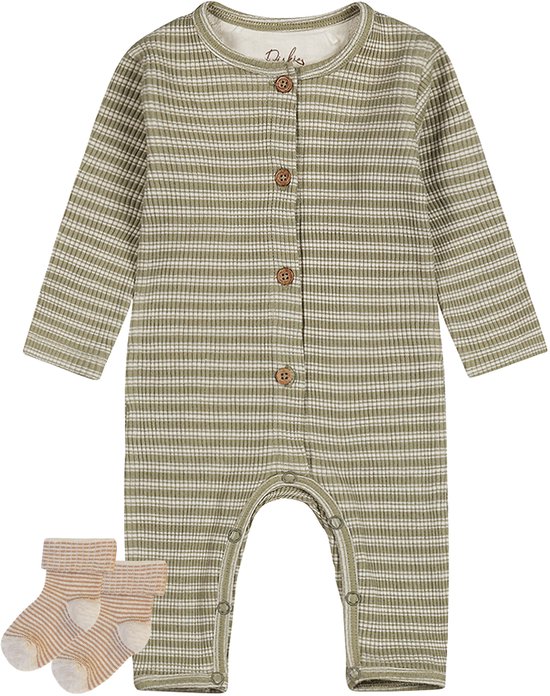 Dirkje - Noppies - Grenouillère rayée vert clair - 1 paire de chaussettes rayées marron - Taille 56