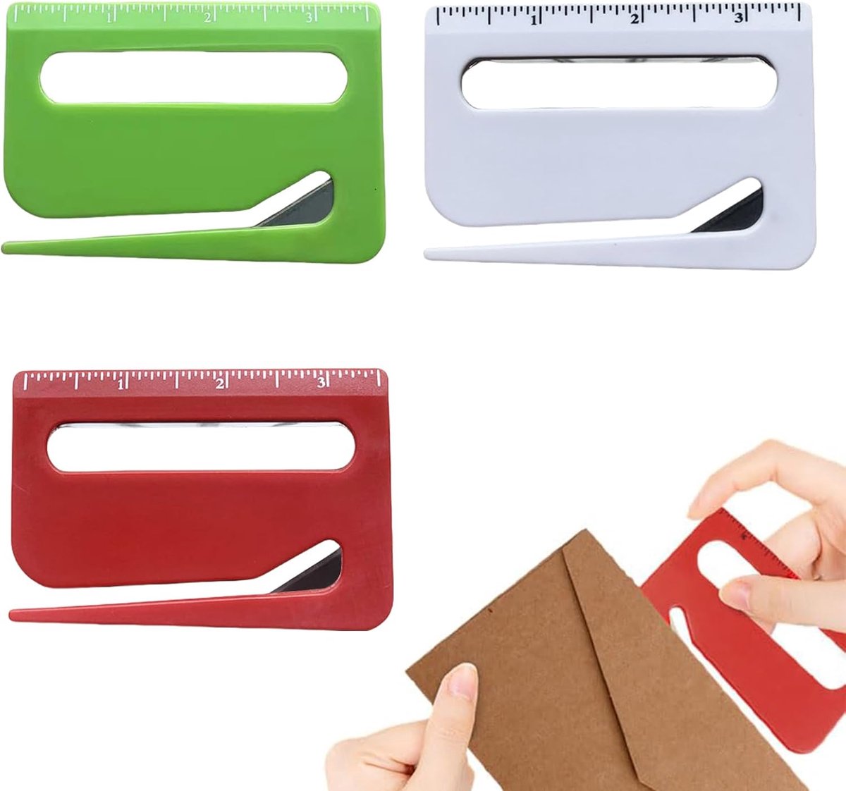3 Stuks 3-in-1 Briefopener met Liniaal en Vergrootglas - Efficiënt Gereedschap voor Pakket Post en Papier Snijden (Rood+Blauw+Wit)