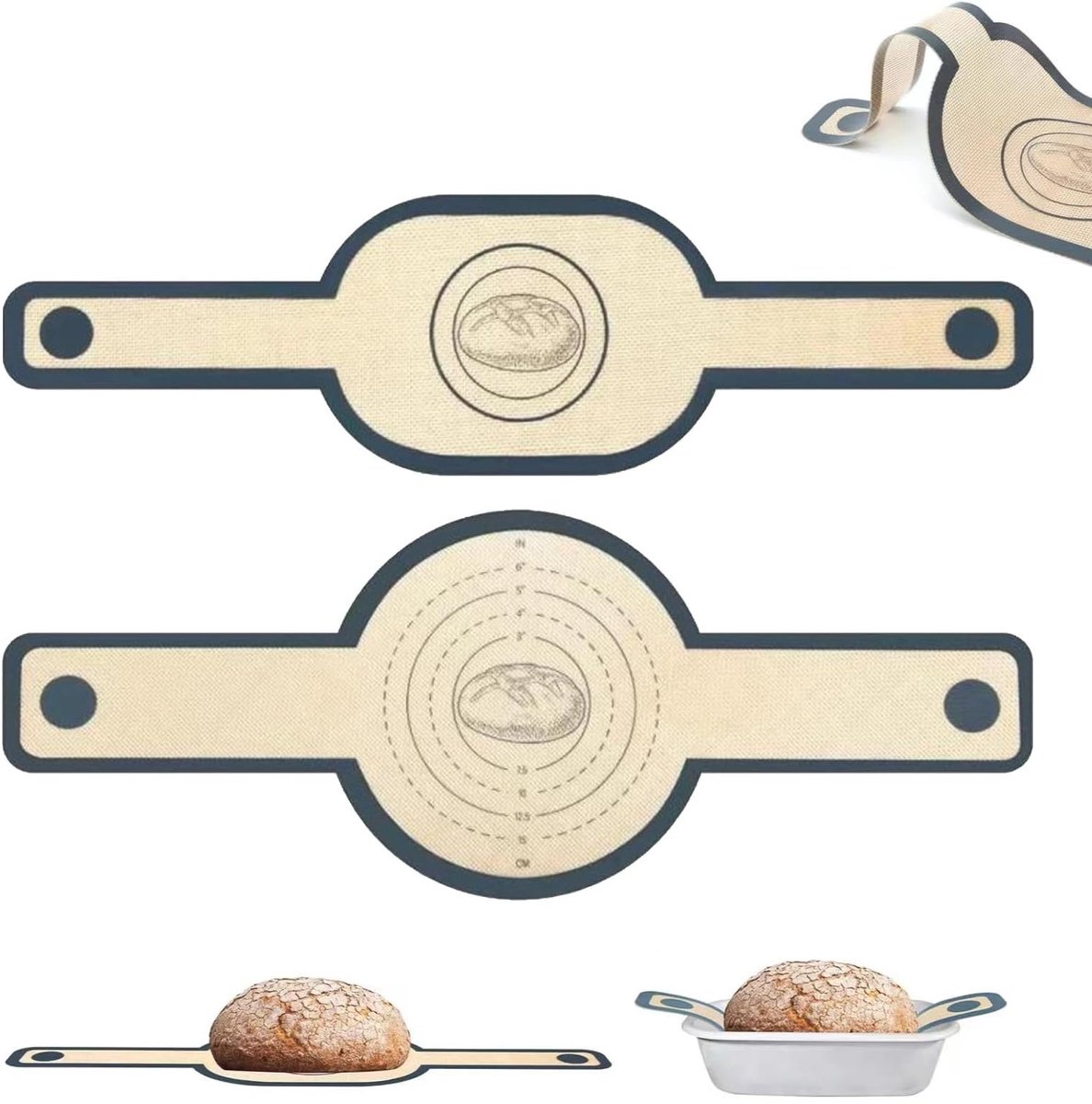 Wixovo 2-pack siliconen broodbakmat, broodbakmat met lange handvatten, ronde broodbakmat voor Dutch Oven, herbruikbaar (ovaal + rond)