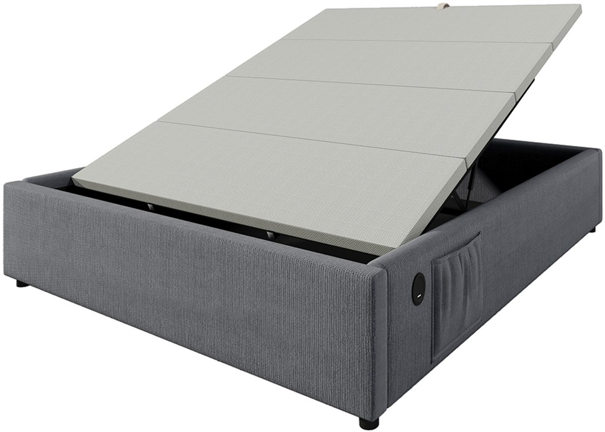 Pugsdrly Gestoffeerd bed tweepersoonsbed 160×200 cm, opklapbed bedframe met USB-C en lattenbodem over het hele oppervlak, zonder hoofdeinde, katoen, grijs
