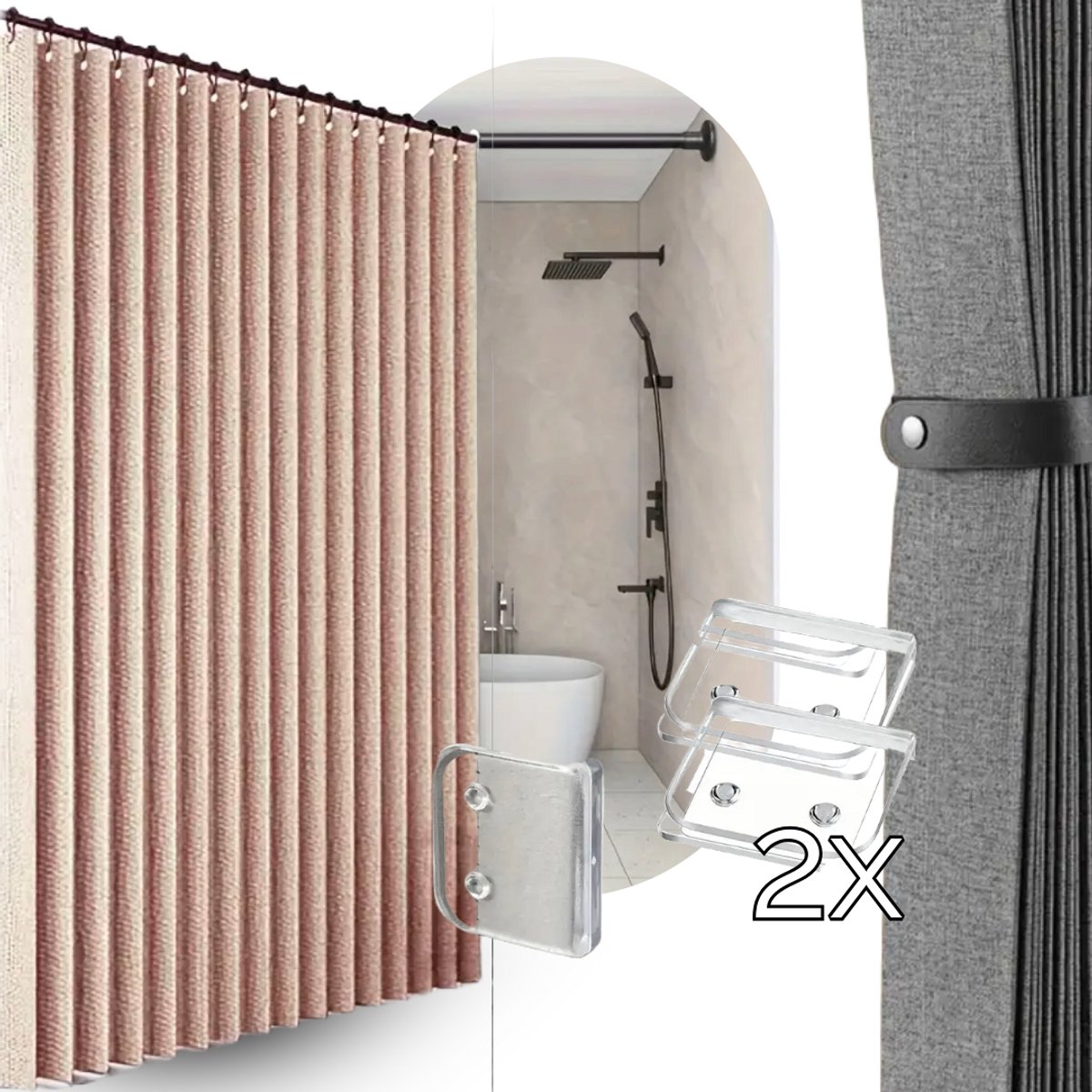 Vouw Douchegordijn 180x200 + 2x Transparante Clips | Roze | Stof | Water- & Schimmelbestendig | Anti-Plak | Modern & Strak Douche Gordijn | Bundel