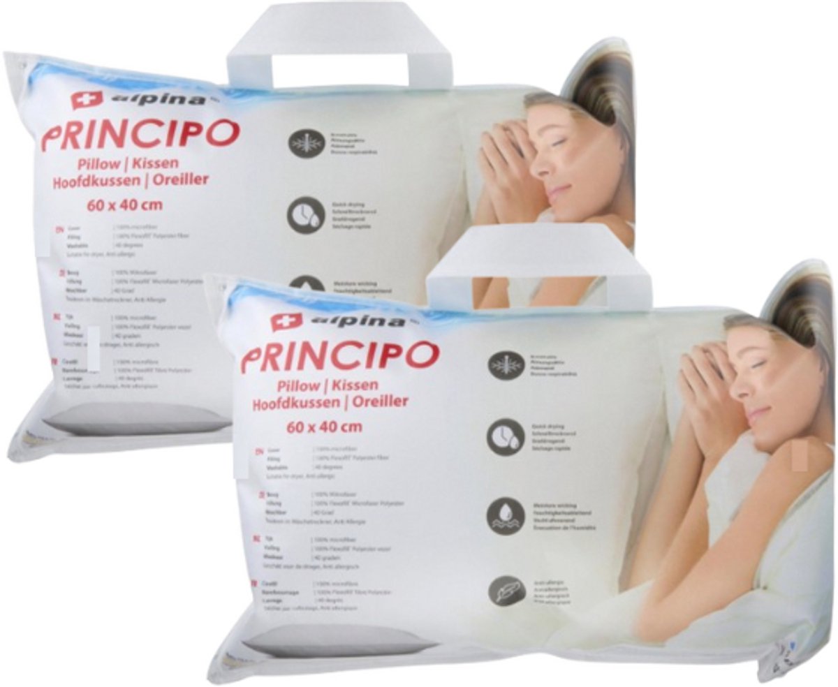 alpina Hoofdkussen 60 x 40 cm - 2 stuks - Kussen voor Bed en Slaapkamer - Ademend, Vocht Afvoerend en Wasmachine Bestendig - voor Buik-, Rug- en Zijslaper - Microvezel/ Katoen - Wit