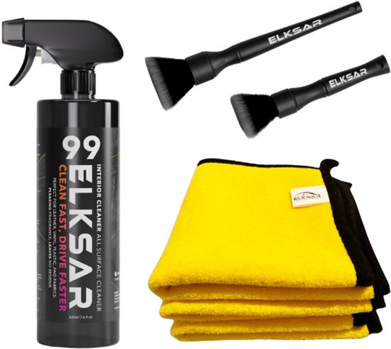 Kit de nettoyage intérieur de voiture ELKSAR – 6 pièces – Nettoyant intérieur 500 ml, Chiffons en microfibre et Brosses douces – Convient à toutes les surfaces intérieures